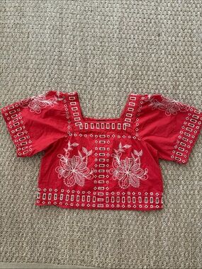 Rails Red and Tan Eyelet Square Neck Blouse. size XS excellent condition